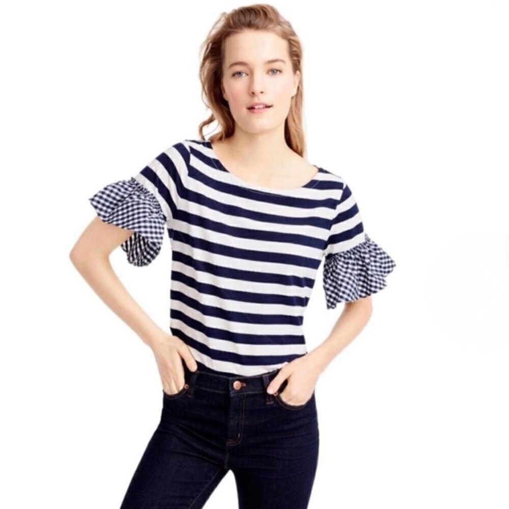 J. Crew Striped Gingham Ruffle Short Sleeve Top M